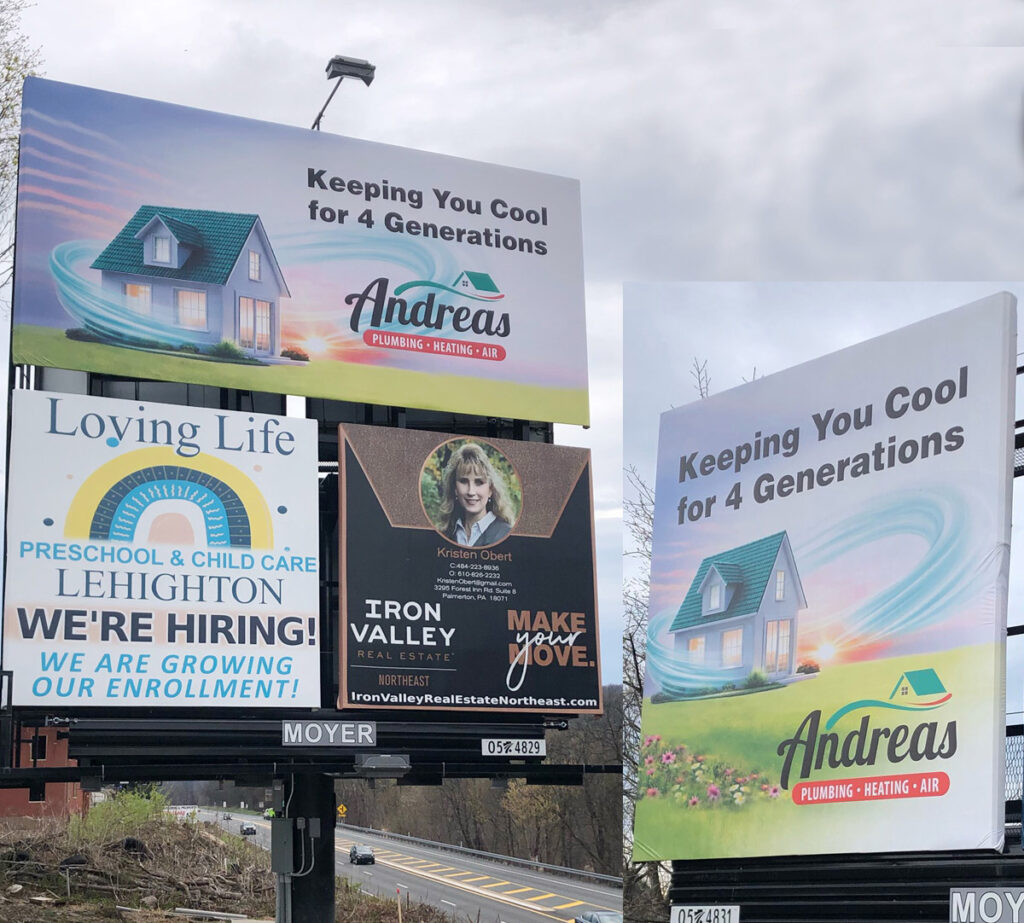 Andreas Plumbing billboard with a home at sunrise surrounded by wind