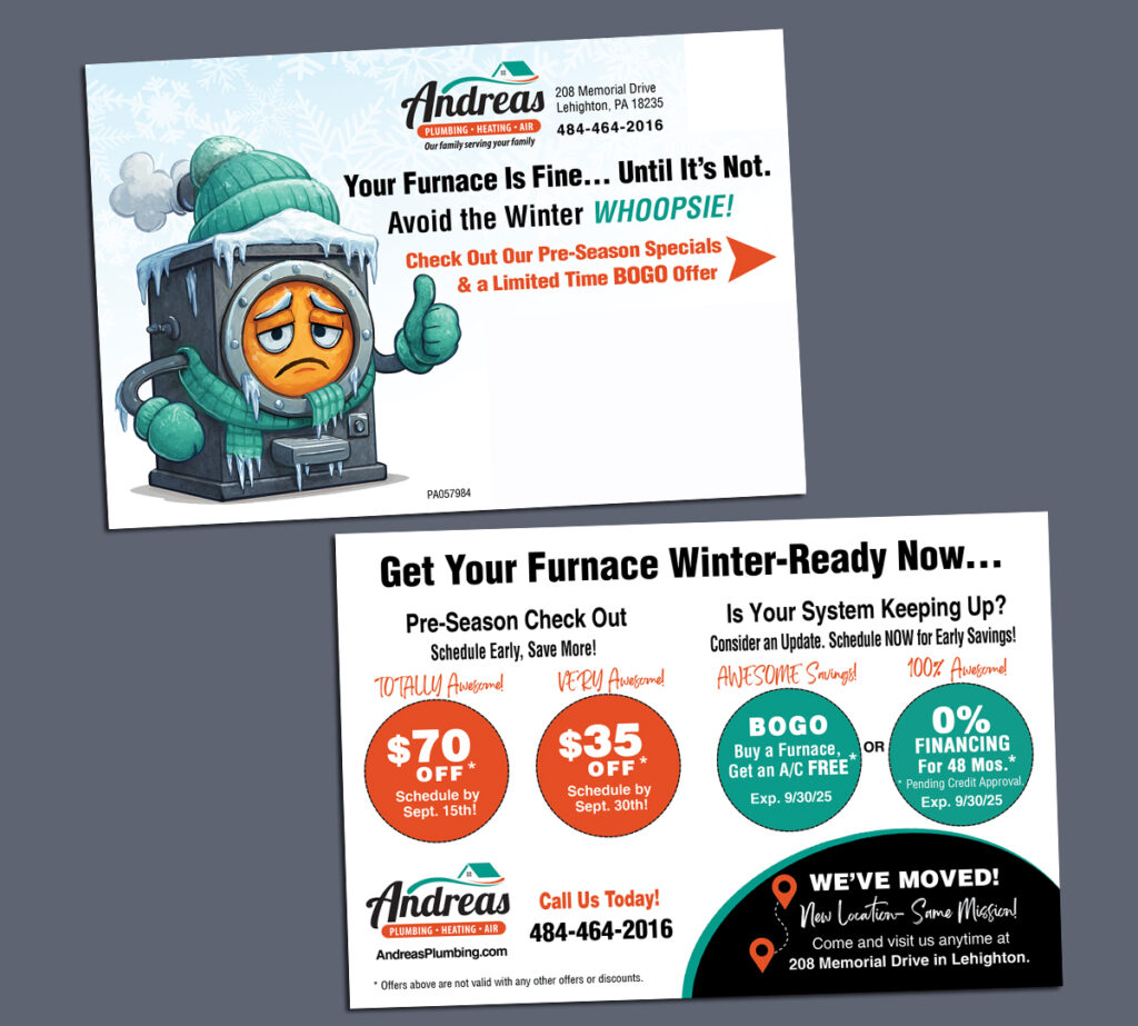 Direct mail postcard front and back for Andreas Plumbing showing a frosty cartoon heater and several tiered offers on back for heater check specials