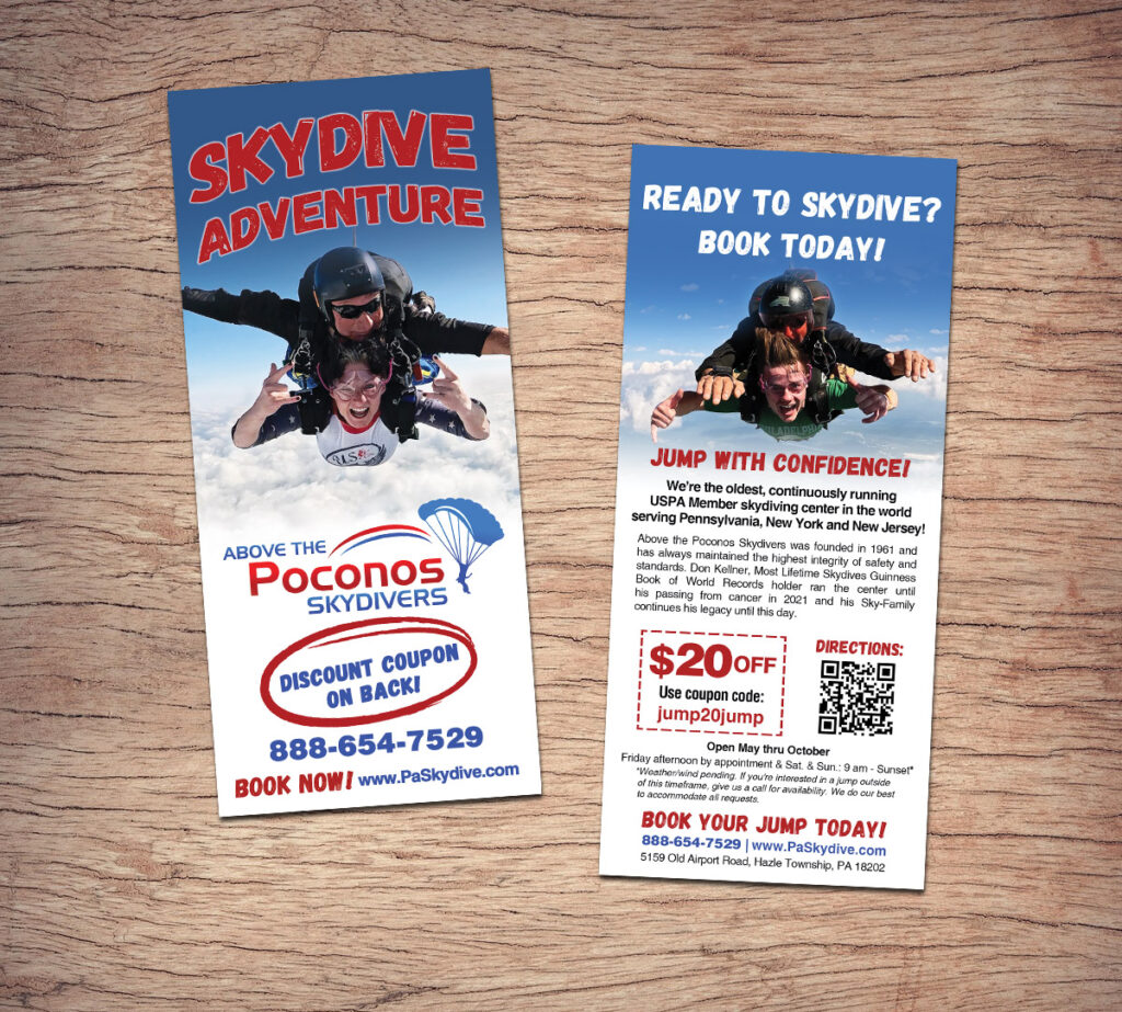 Front and back of Above the Poconos Skydivers promotional rack card