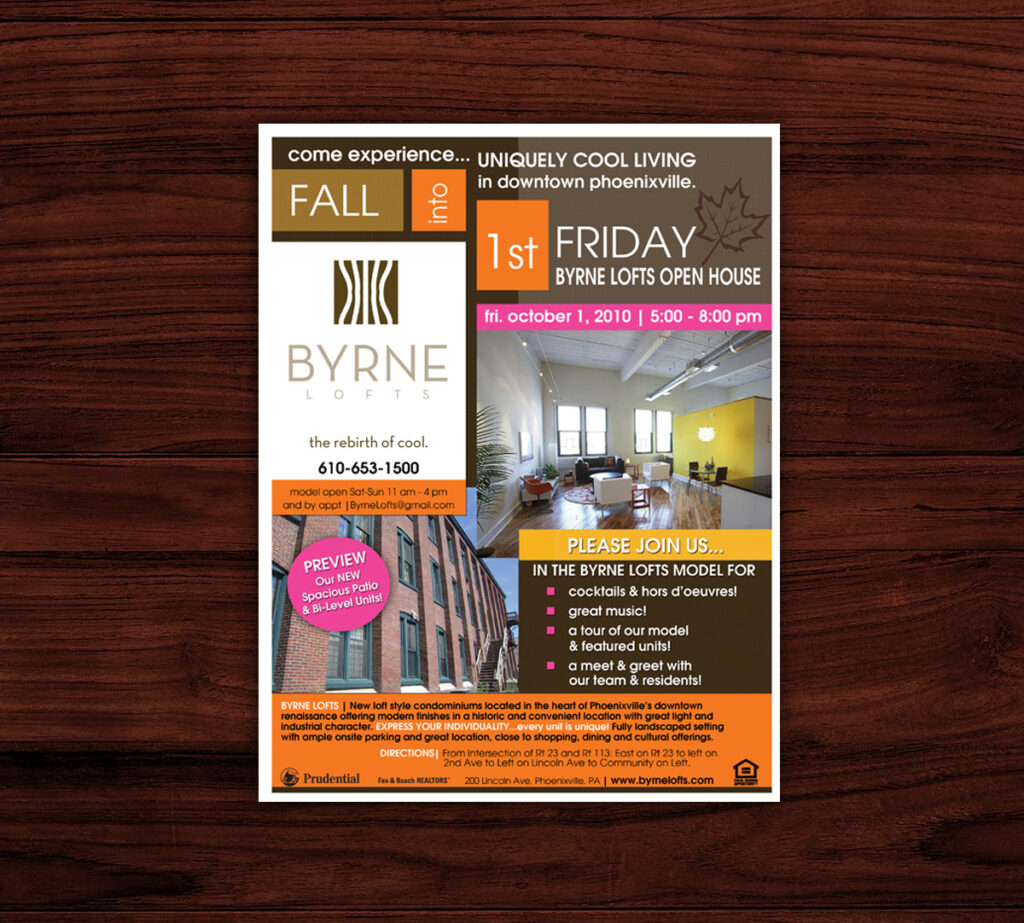 Colorful Byrne Lofts flyer advertising a model unit preview with interior images and exterior images of the unit and building