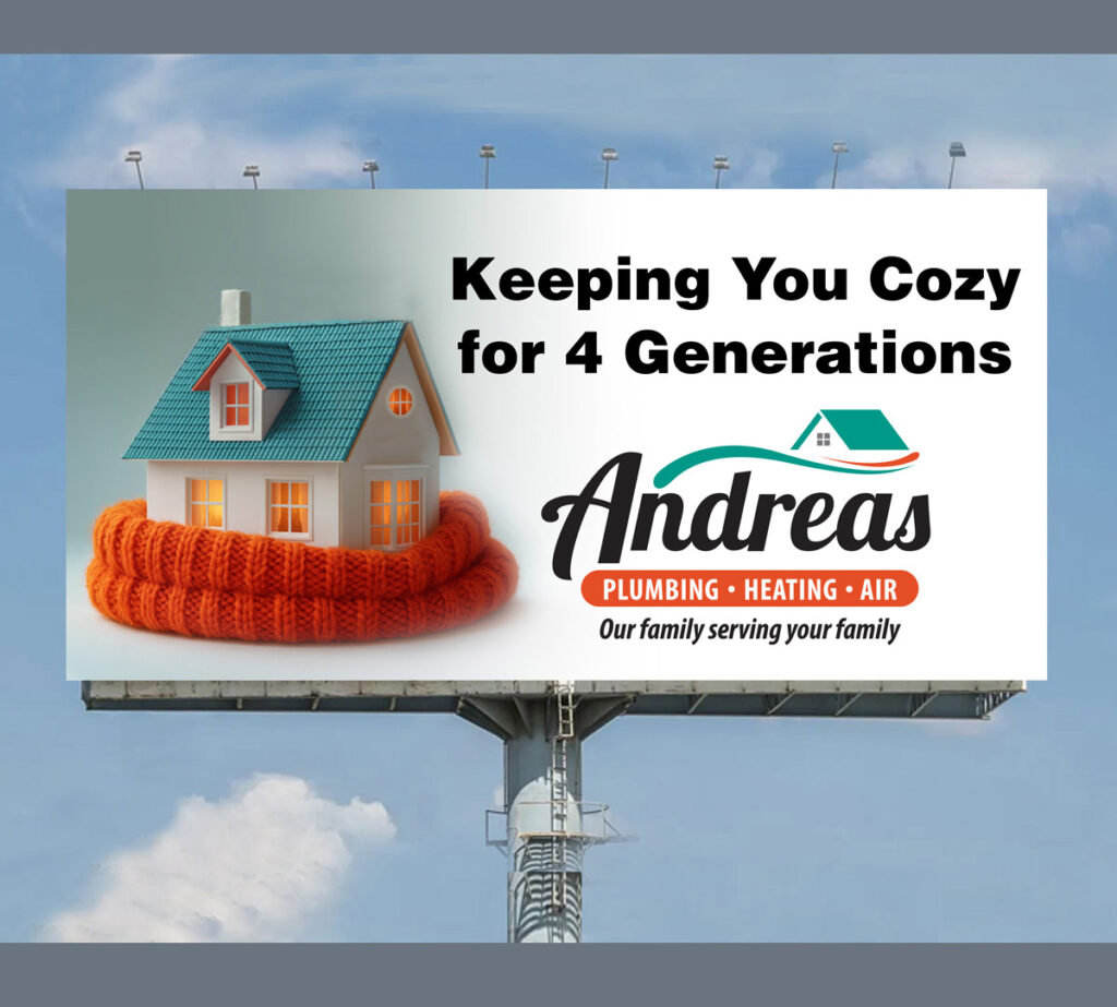 Andreas Plumbing billboard with house with an orange scarf around it