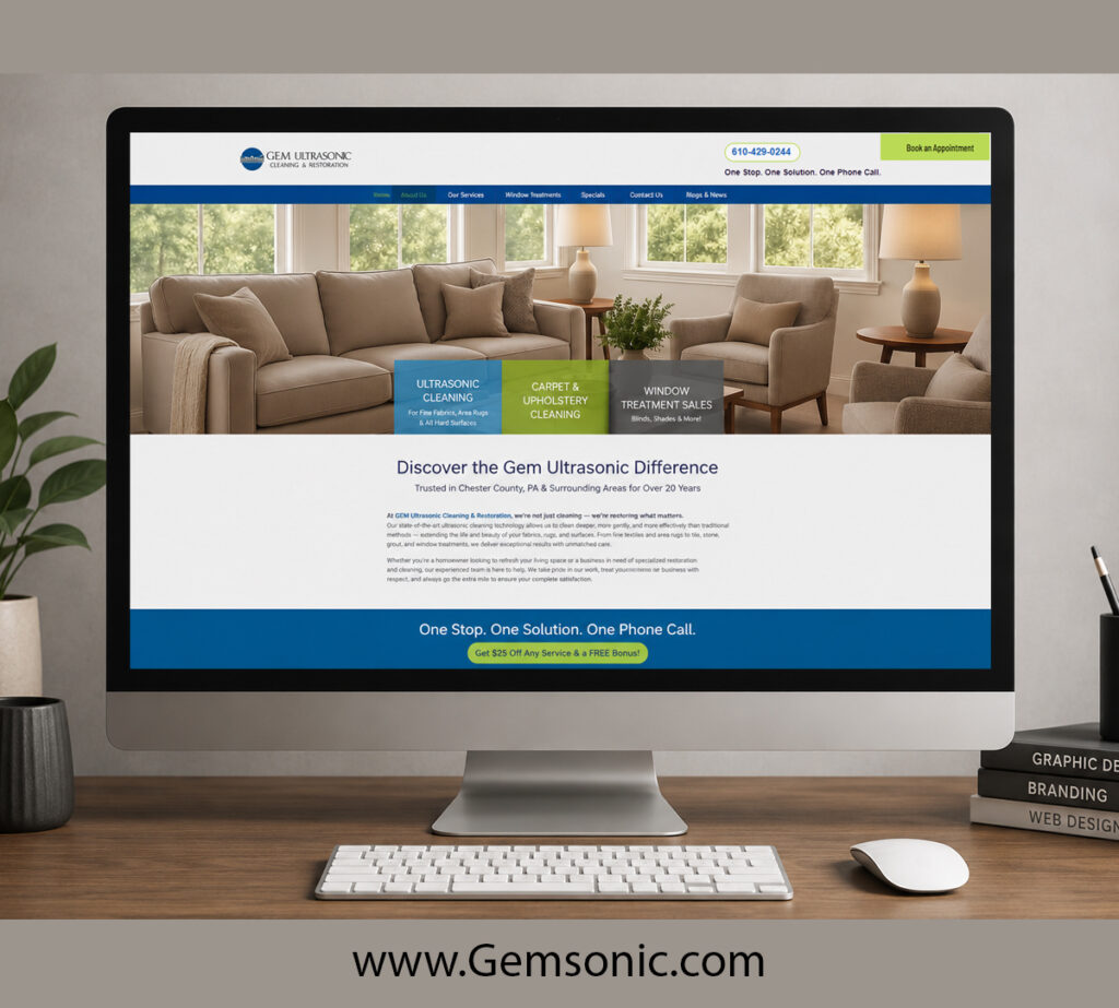 Modern desktop monitor displaying the Gem Ultrasonic Cleaning & Restoration website homepage in a clean office workspace with wooden desk, keyboard, mouse, and minimalist decor.