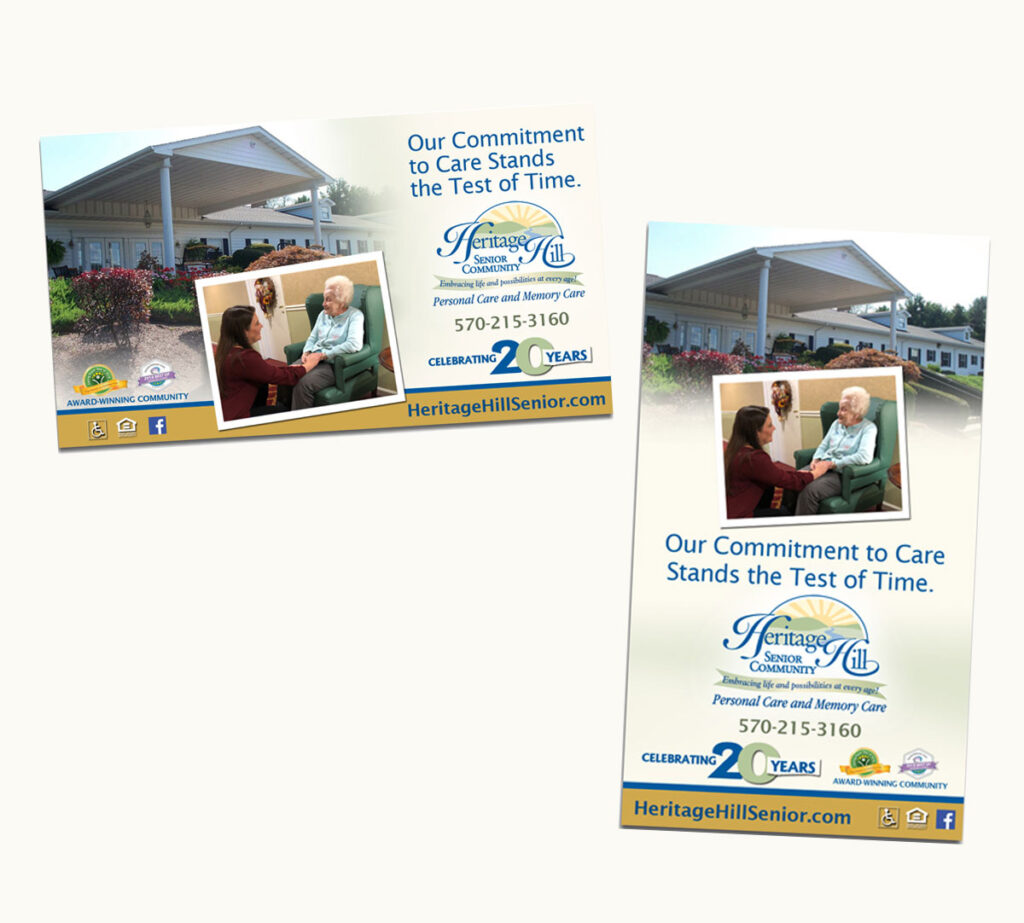 Ad design for Heritage Hill Senior Community featuring senior care branding, facility photography, caregiver imagery, anniversary messaging, and contact information displayed in a clean promotional layout.