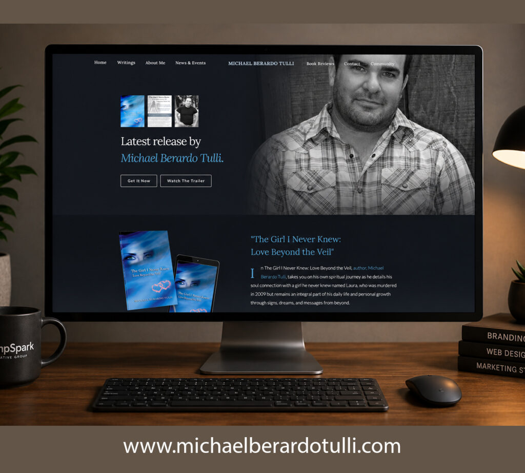 Modern widescreen monitor displaying Michael Berardo Tulli’s author website homepage in an elegant office workspace with keyboard, desk lamp, and branded creative studio accessories.