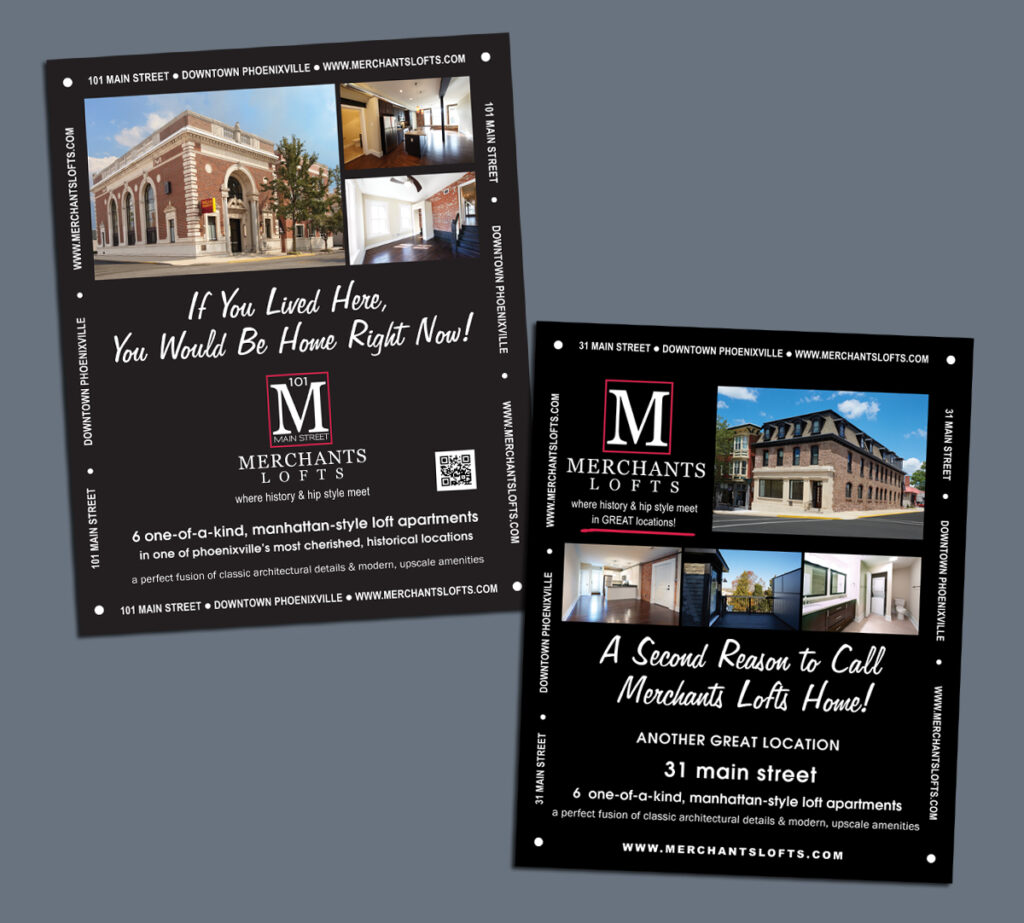 Two Merchants Lofts lobby promotional posters with images of each property