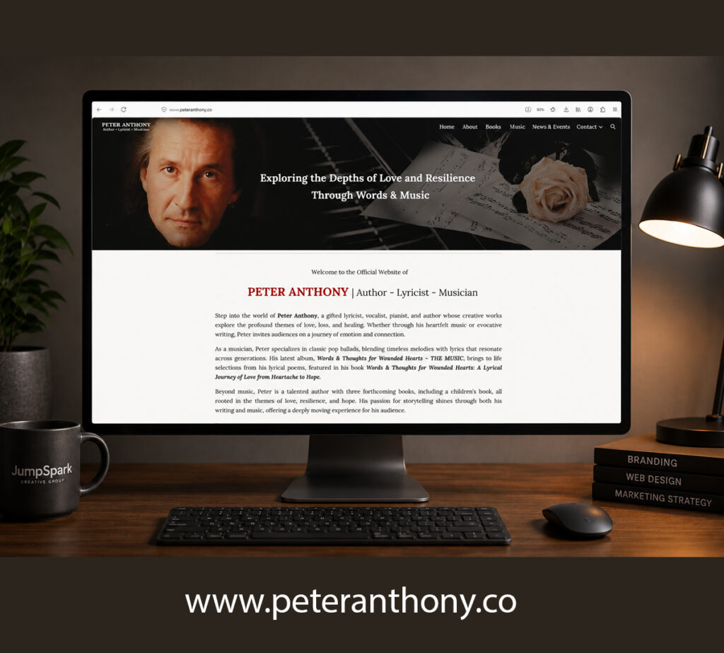 Large monitor featuring the Peter Anthony author and musician website homepage on a stylish creative workspace desk with ambient lighting and modern office decor.