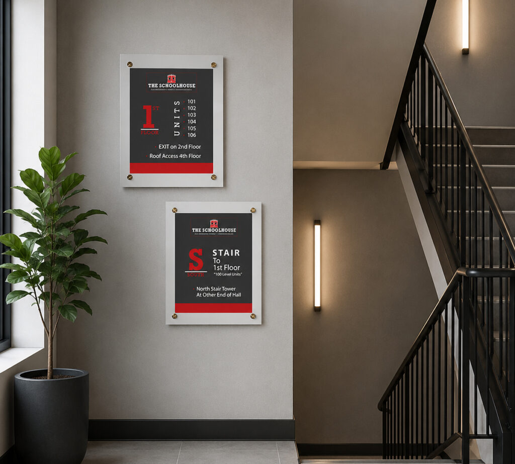 The Schoolhouse black and red interior signage in stairwell hallway