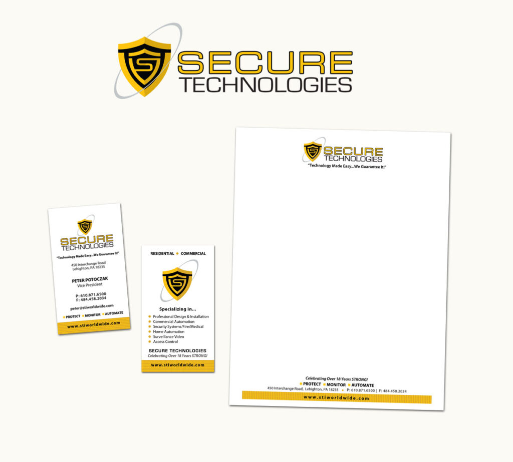 Secure Technologies logo, business card and letterhead branding