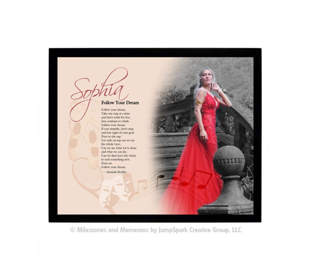 Custom tribute poem piece about a woman named Sophia in a red gown