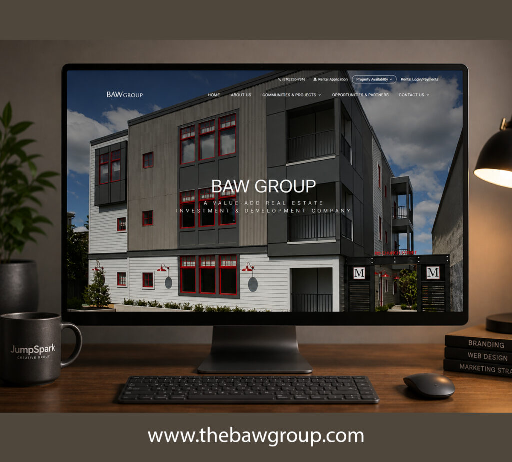 Professional desktop monitor displaying the BAW Group real estate development company homepage in a modern workspace with dark aesthetic, desk lamp, and branded office styling.