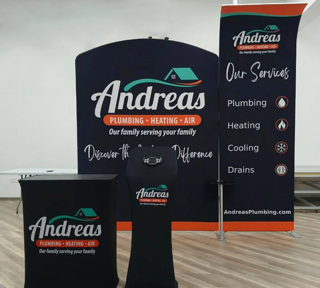 Andreas Plumbing tradeshow booth display, podium and signage