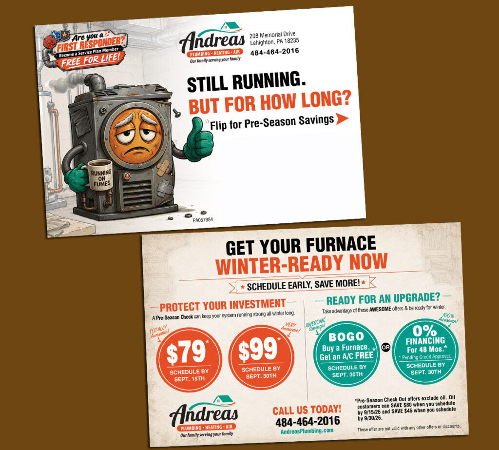 Front and back of an Andreas Plumbing & Heating direct mail postcard promoting furnace maintenance, replacement offers, and seasonal HVAC savings.