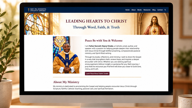 Professional portfolio mockup displaying the homepage of Rev. Fr. Kenneth Ifeanyi Omeke’s website on a modern desktop computer monitor. The website features the headline “Leading Hearts to Christ Through Word, Faith, & Truth” with stained-glass imagery, a portrait of Father Omeke in liturgical vestments, and a welcome message introducing his ministry, books, and mission of faith-based teaching. The monitor sits on a wooden desk with a keyboard, mouse, stacked notebooks, a pen, a coffee mug, and a potted plant, creating a warm and inviting workspace atmosphere.